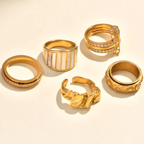 Vintage Bohemian Revolved Shell Titanium Steel Ring With Embedded Zirconia Stone And Magma Design Gold Plated Geometric Pattern