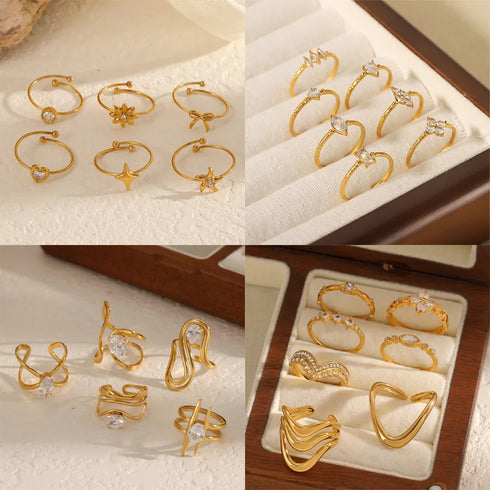 Elegant Stainless Steel Ring With Diamond And Zircon For Women Non-Fading Luxury Style Geometric Pattern Gold Plated Craft