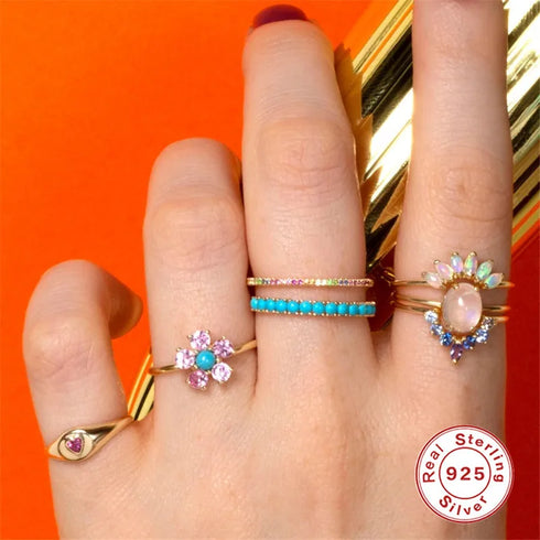 925 Sterling Silver Turquoise Geometric Rings