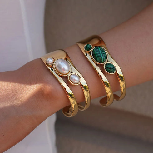 Summer Ladies 18K Gold Plated Stainless Steel Natural Stone Geometric Smooth Surface Bracelet Adjustable Clasp Casual Style