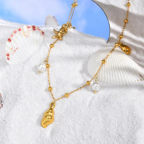 PVD Coated Real Gold Plated 18K Gold Starfish Conch Shell 304 Stainless Steel Casual Vacation Marine Style Waterproof Non Tarnish 304 Stainless Steel Lobster Trigger Clasp Closure Necklace