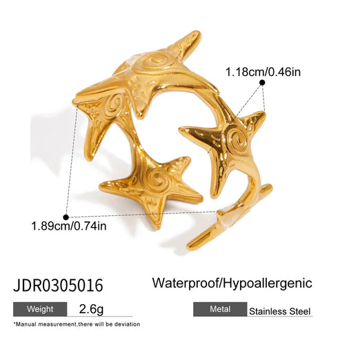 Ladies Adjustable Open Ring 18K Gold Stainless Steel Starfish Coral Hollow Shell Pattern Vacuum Plating Jewelry Accessories