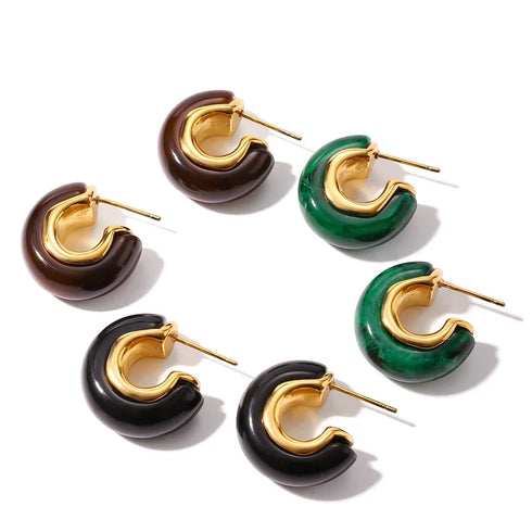 Ladies Vintage Style 18K Gold Stainless Steel Resin C Circle Earrings Brown Black Deep Green Irregular Resin C Circle Ear Jewelry