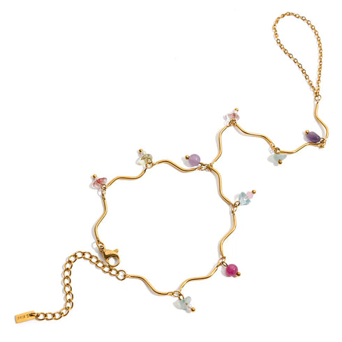 Ladies' Vacation Style 18K Gold Stainless Steel Natural Stone Crystal Colorful Linked Finger Bracelet 16.5+5CM with Auxiliary Chain 13CM