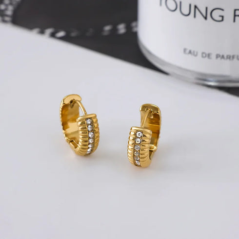 Women's Classic Style 18K Gold Stainless Steel + Rhinestone Threaded White Rhinestone Earrings Pair