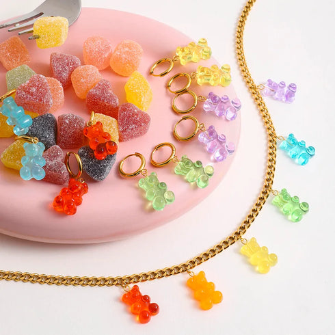 PVD Coated Real Gold Plated Cherry Bear Heart Shape 316 Stainless Steel Acrylic IG Style Casual Cute Waterproof Non Tarnish Earrings Necklace