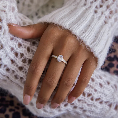 Women's Classic Style 16K Gold Stainless Steel + Zircon Oval White Zircon Diamond Ring Size 6/7/8