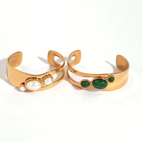 Summer Ladies 18K Gold Plated Stainless Steel Natural Stone Geometric Smooth Surface Bracelet Adjustable Clasp Casual Style