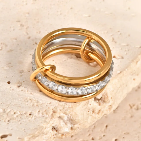 Multi-Layered Diamond Embedded Ring With Golden Circle Buckle Fashionable Style Elegant And Exaggerated Luxury For Women