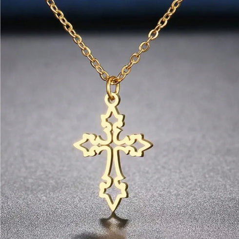 Vintage Cross 304 Stainless Steel 18K Gold Plated Necklace cable chain