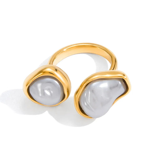 Elegant Pearl Resin Open Ring For Ladies 18K Gold Stainless Steel Baroque Asymmetric Design Vacuum Plated Real Gold