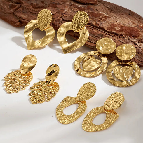Electroplating Golden Plated Irregular Leaf Round 304 Stainless Steel IG Style Casual Basic Polishing Plating Hammered Earrings