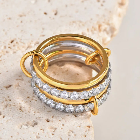 Multi-Layered Diamond Embedded Ring With Golden Circle Buckle Fashionable Style Elegant And Exaggerated Luxury For Women
