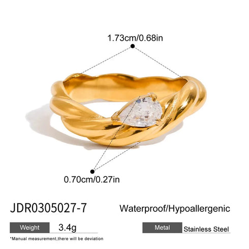 Ladies Classic Style Stainless Steel Ring With Zirconia 18K Gold Plated Oval And Tear Drop Patterned Ring Size 7 For Travel