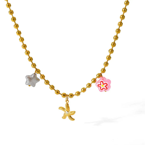 Vacuum Electroplating (In Furnace) Plated 18K Real Gold Starfish 304 Stainless Steel Artificial Pearl Resin Elegant Necklace