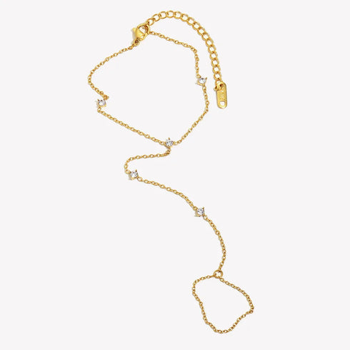 Fashionable Minimalist Round Zircon Women's Hand Jewelry Stainless Steel Plated 18K Gold Water Ripple Finger Chain Accessory