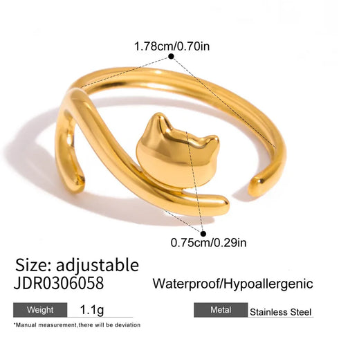 Ladies Adjustable Open Ring Minimalist Style 18K Gold Stainless Steel Geometric Cat And Dog Design With Diamond Lines Sausage Dog