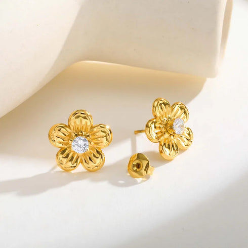 Shiny Zircon Butterfly Knot Flower Stud Earrings Women's Elegant Stainless Steel Jewelry Fashionable Minimalist Style