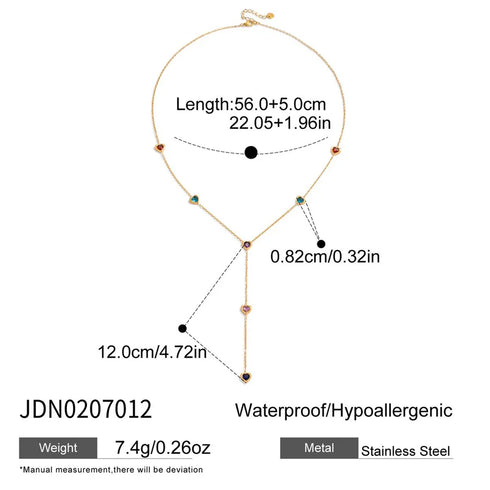 Ladies Classic Style 16K Gold Stainless Steel Zircon Heart Shaped Colorful Zircon Y Chain Necklace 56+5CM