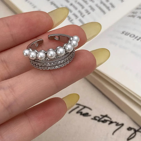 Elegant Pearl Zircon Open Ring Simple Versatile Design Minimalist Luxury Trendy Finger Ring For Women Geometric Pattern