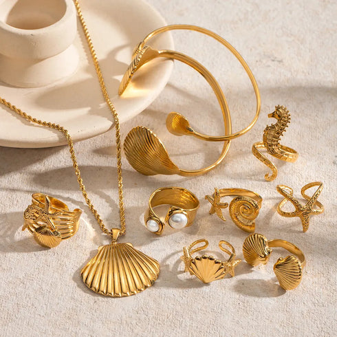 PVD Coated Real Gold Plated 18K Gold Starfish Hippocampus Shell 304 Stainless Steel Vacation Simple Style IG Style Waterproof Non Tarnish Rings Earrings Necklace