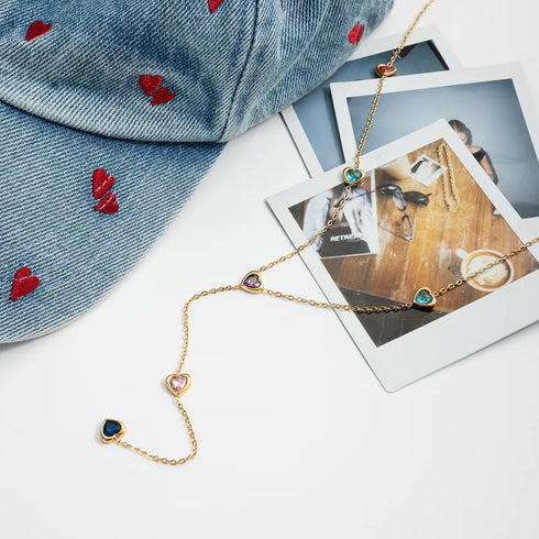 Ladies Classic Style 16K Gold Stainless Steel Zircon Heart Shaped Colorful Zircon Y Chain Necklace 56+5CM