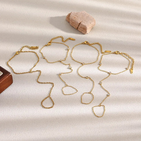 Fashionable Minimalist Round Zircon Women's Hand Jewelry Stainless Steel Plated 18K Gold Water Ripple Finger Chain Accessory