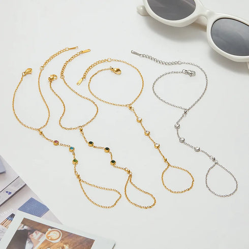 Ladies' Vacation Style 18K Gold/Steel Color Stainless Steel Zirconia Simple Fashion Three Pink Blue Green Finger Chain Bracelet 16+5cm With Auxiliary 13cm