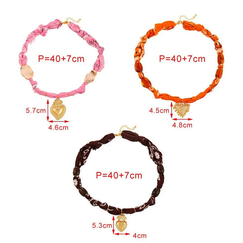 Fashionable Luxury Copper Embedded Zircon Heart Resin Print Fabric Necklace For Women Geometric Pattern Trendy Everyday Accessory