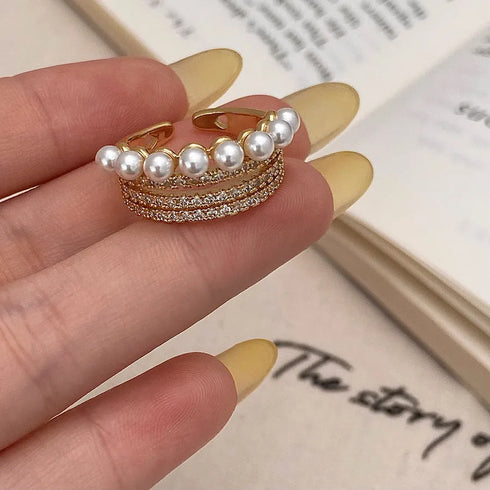Elegant Pearl Zircon Open Ring Simple Versatile Design Minimalist Luxury Trendy Finger Ring For Women Geometric Pattern