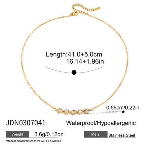 Ladies Classic Style 18K Gold Stainless Steel Zircon Heart Shaped Tennis Chain Necklace 41+5cm Vacuum Plating Pendant