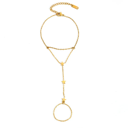 Vintage Style Heart Chain Five-Pointed Star One-Piece Chain Integrated Ring Vacuum Electroplating (In Furnace) 18K Real Gold Plated 304 Stainless Steel Bracelet