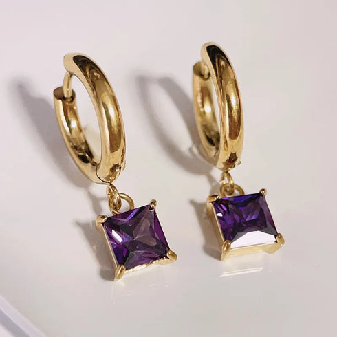 1 pair retro square inlay titanium steel zircon drop earrings