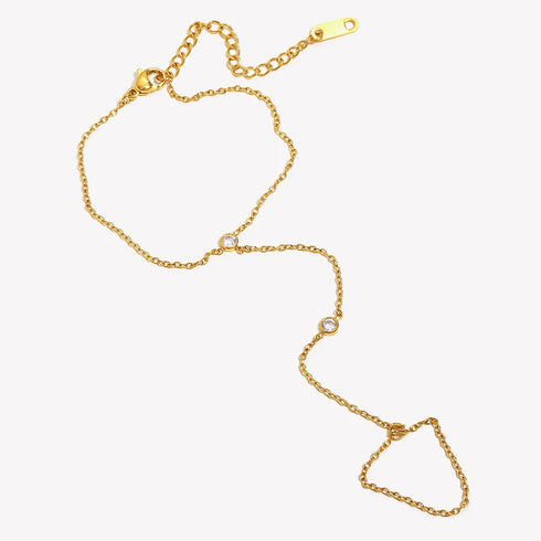 Fashionable Minimalist Round Zircon Women's Hand Jewelry Stainless Steel Plated 18K Gold Water Ripple Finger Chain Accessory