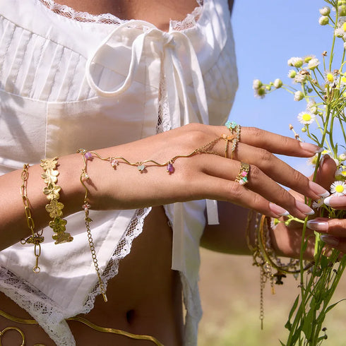 Ladies' Vacation Style 18K Gold Stainless Steel Natural Stone Crystal Colorful Linked Finger Bracelet 16.5+5CM with Auxiliary Chain 13CM