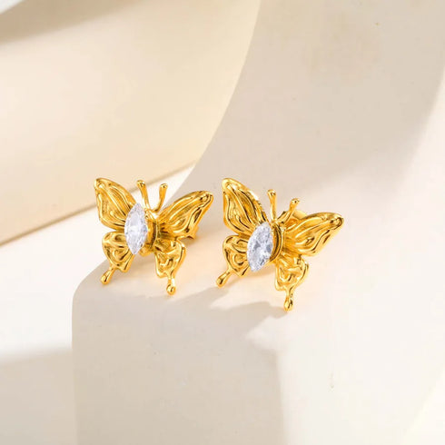 Shiny Zircon Butterfly Knot Flower Stud Earrings Women's Elegant Stainless Steel Jewelry Fashionable Minimalist Style