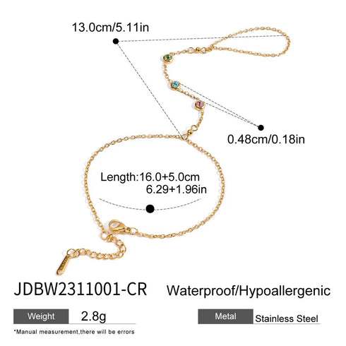 Ladies' Vacation Style 18K Gold/Steel Color Stainless Steel Zirconia Simple Fashion Three Pink Blue Green Finger Chain Bracelet 16+5cm With Auxiliary 13cm