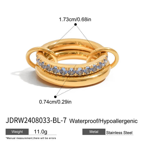 Ladies Sweet Romantic Ring 18K Gold Stainless Steel Double Layer Blue Topaz Double Layer Pink Zircon Double Layer Green Topaz