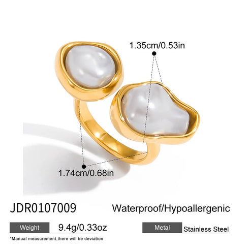 Elegant Pearl Resin Open Ring For Ladies 18K Gold Stainless Steel Baroque Asymmetric Design Vacuum Plated Real Gold