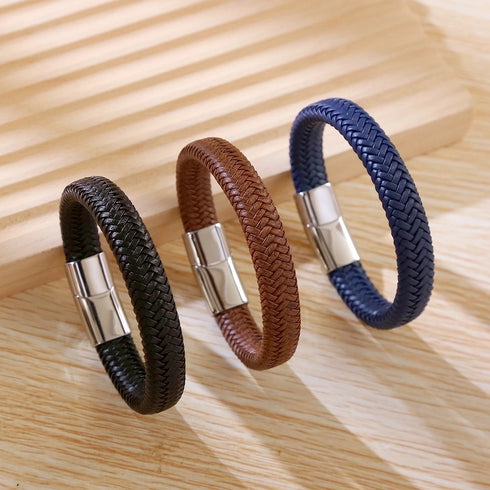 Stainless Steel Leather Braid Men's Bangle