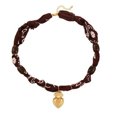 Fashionable Luxury Copper Embedded Zircon Heart Resin Print Fabric Necklace For Women Geometric Pattern Trendy Everyday Accessory