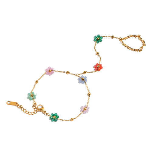 Ladies Crystal Flower Finger Chain Bracelet 18K Gold Stainless Steel Colorful Crystal 16.5+5cm With Extra Chain 13cm Romantic Sweet