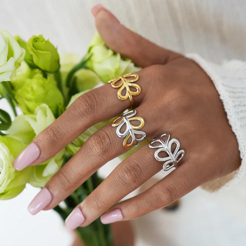 304 Stainless Steel 18K Gold Plated Women's Gold Geometric Stem and Leaf Open Ring, Women's Jewelry Accessories, Gift for Her