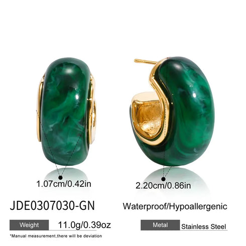 Ladies Vintage Style 18K Gold Stainless Steel Resin C Circle Earrings Brown Black Deep Green Irregular Resin C Circle Ear Jewelry