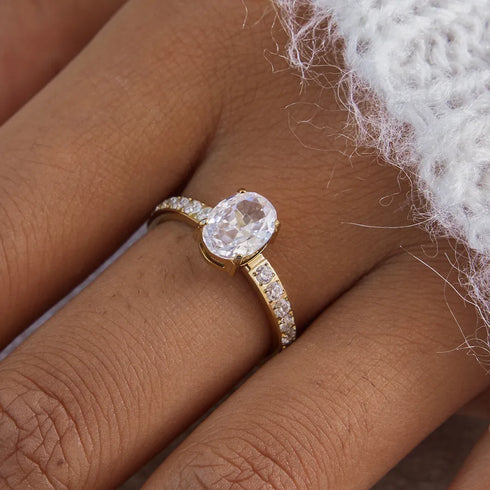 Women's Classic Style 16K Gold Stainless Steel + Zircon Oval White Zircon Diamond Ring Size 6/7/8