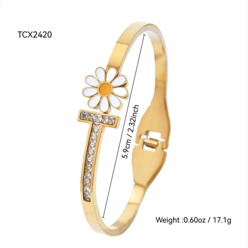 Elegant Fashion Simple High-end Geometric Four-leaf Flower Small Daisy Flower Inlaid Zircon Stainless Steel 18k Gold Plated Women's Bracelet All Seasons