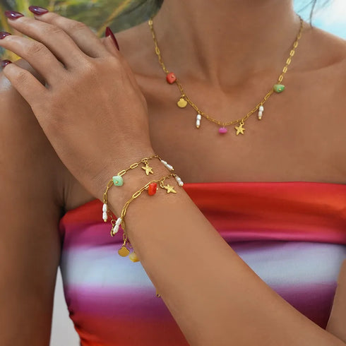 Ion Plating (IP) Real Gold Plated 18K Gold Starfish Shell 304 Stainless Steel Beach Tropical Waterproof Non Tarnish Multi Charms Bracelet Multi Charms Necklace