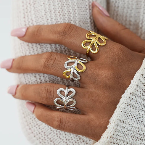 304 Stainless Steel 18K Gold Plated Women's Gold Geometric Stem and Leaf Open Ring, Women's Jewelry Accessories, Gift for Her
