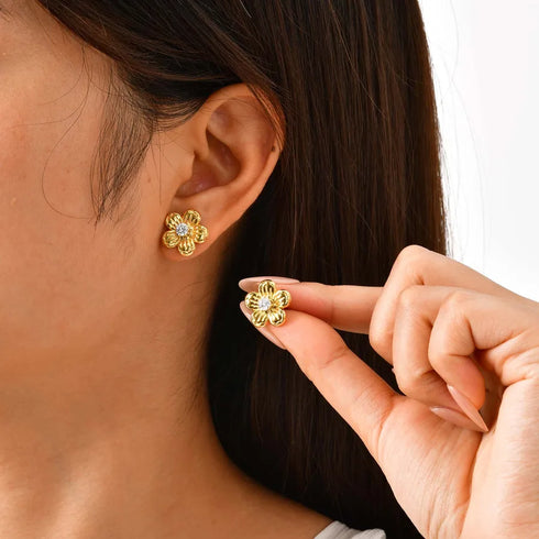 Shiny Zircon Butterfly Knot Flower Stud Earrings Women's Elegant Stainless Steel Jewelry Fashionable Minimalist Style