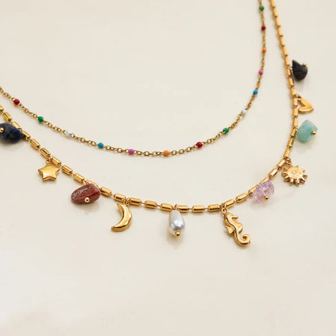 Ladies Vacation Style Necklace 18K Gold Stainless Steel Natural Stone Glass Pearl Oil Drop Colorful Pebble Glass Waterdrop Pendant Star Moon Horsehoe Sun Heart Double Layer Necklace
